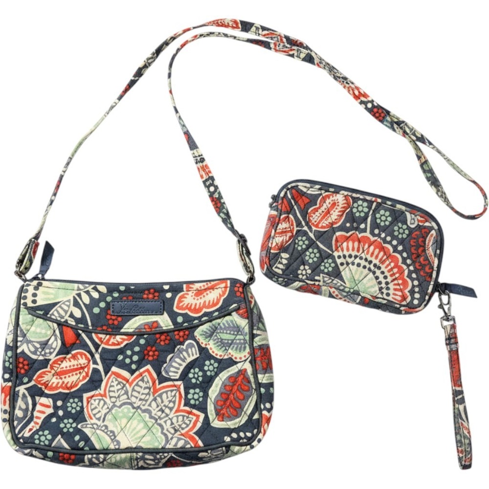 Vera Bradley Quilted Cotton Crossbody Bag and Wristlet Set Navy Floral